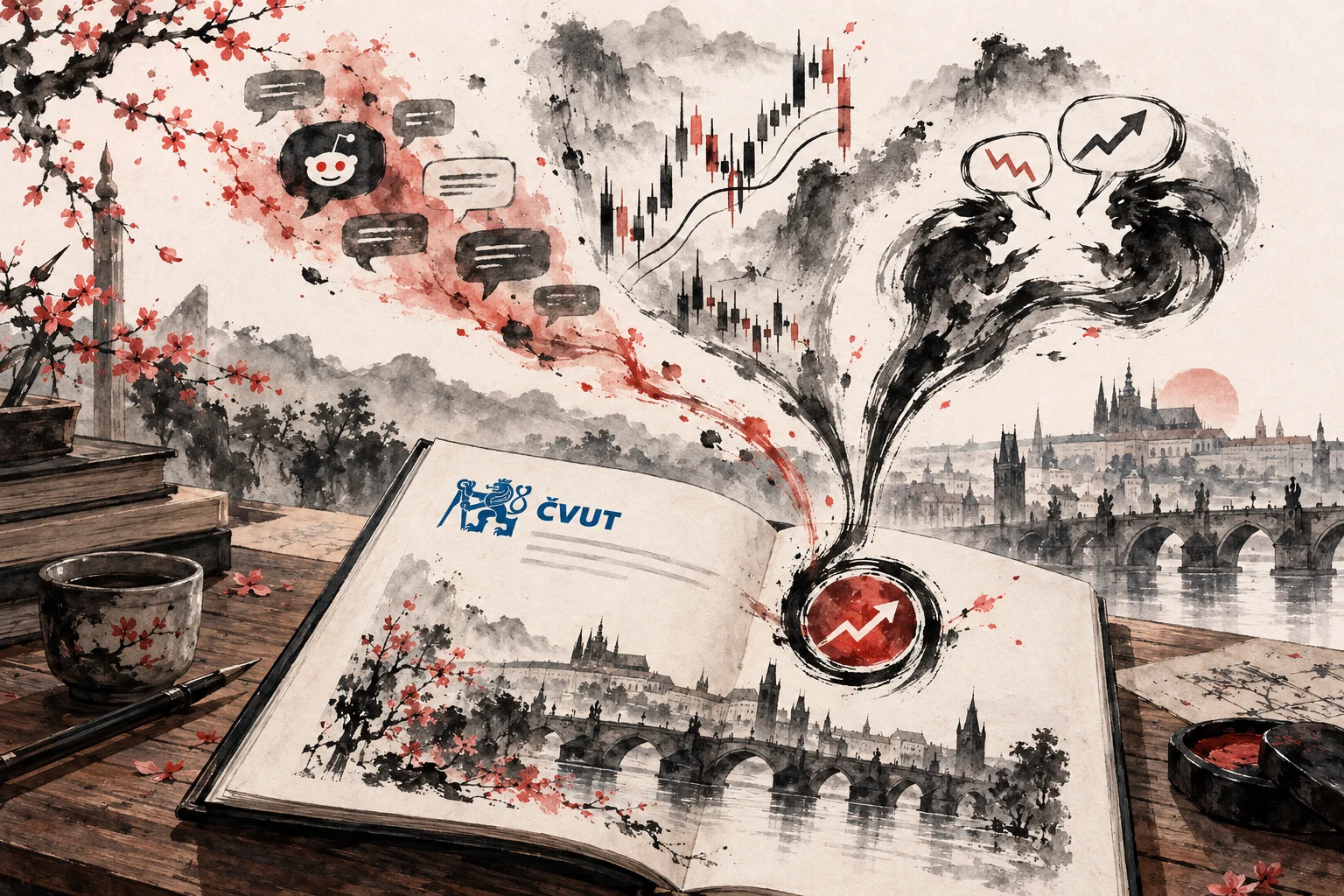 Ink painting of a ČVUT thesis folio with sentiment, market, and decision streams
