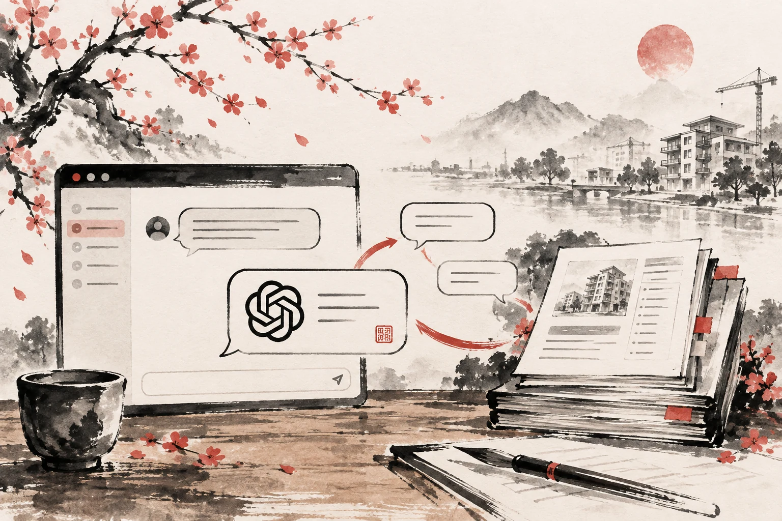 Ink painting of a documentation-based chat assistant with a ChatGPT-style emblem