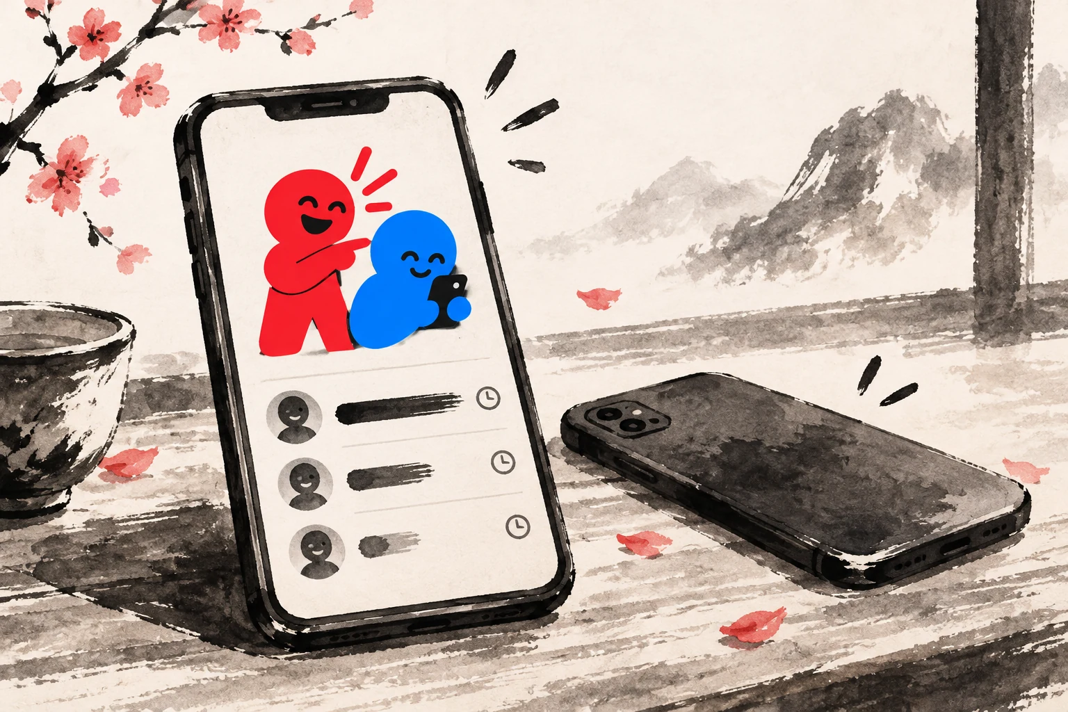 Ink painting of the Shameless icon on a phone above a shared screen-time list